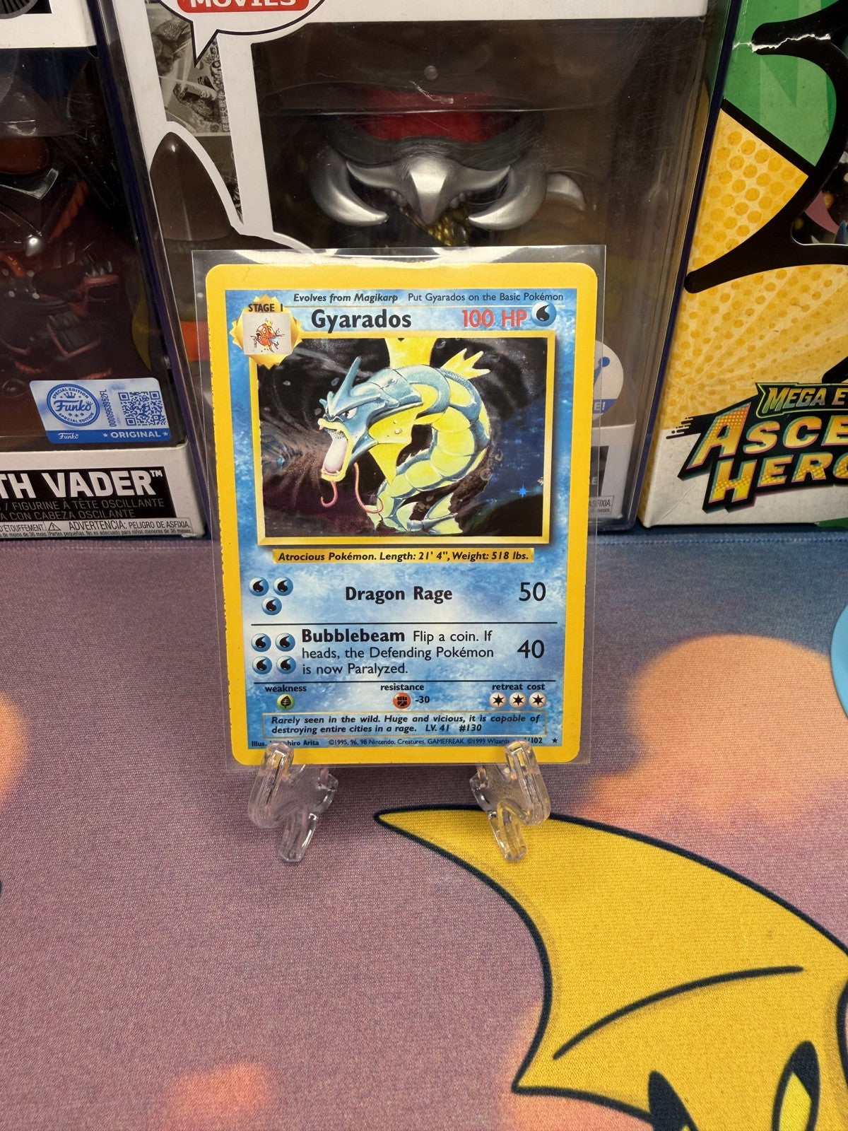 Gyarados Base Set 6/102 displayed on stand